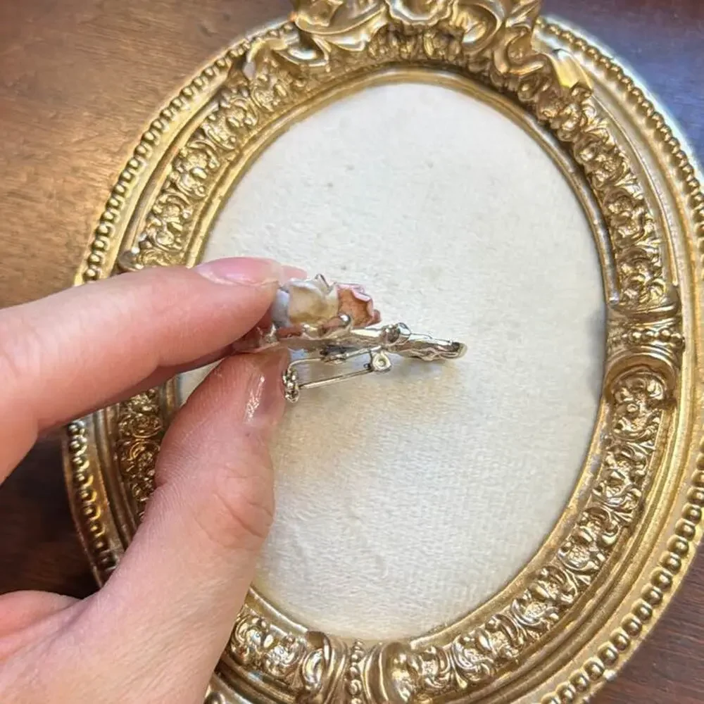 Vintage Cottagecore 90s Wheelbarrow Pin with Gold Leaf Pastel Flowers
